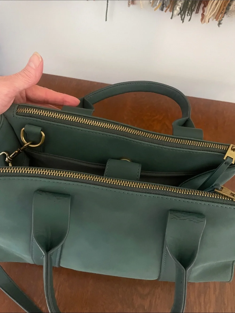 Dark Green  suede  tote  Bag  -like new with handles and strap